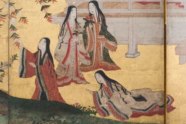 (détail) Printemps au Palais, paravent à six panneaux du Conte de Genji, c.1650