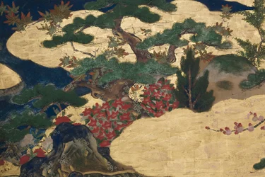 (détail) Printemps au Palais, paravent à six panneaux du Conte de Genji, c.1650