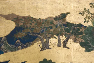 (détail) Printemps au Palais, paravent à six panneaux du Conte de Genji, c.1650