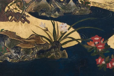 (détail) Printemps au Palais, paravent à six panneaux du Conte de Genji, c.1650