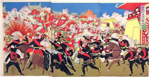Combats féroces entre les troupes japonaises et chinoises dans une ville chinoise, un épisode de la guerre sino-japonaise, fin du 19e siècle