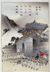 Première guerre sino-japonaise : les troupes japonaises franchissent la Grande Muraille de Chine (impression)