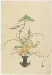Arrangement Floral par Takada Anritsub? Untai; Pin, Chrysanthème et Camélia