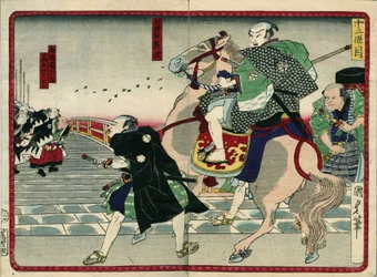 Groupe de samouraïs sur un pont (y compris un cheval) - dans La vengeance des 47 ronins, 19e siècle : Série de Kabuki