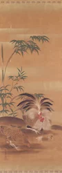 Kakemono japonais représentant un coq, une poule et des poussins