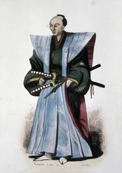 Noble japonais avec armes et tenue de cérémonie, 1860 (gravure)