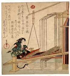 Femme japonaise avec son métier à tisser, estampe de la fin du 19ème siècle. Gênes. Museo Chiossone