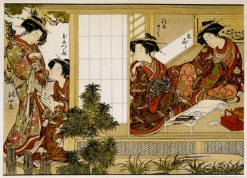 Femmes japonaises qui écrivent et lisent. Estampe du 18e siècle