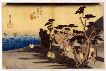 Paysage sous la pluie. Estampe japonaise. 19e siècle.