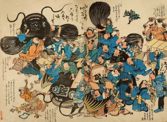Namazu attaqué par des paysans (gravure sur bois en couleur)