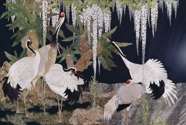 Broderie suspendue avec grues, cycas et glycine