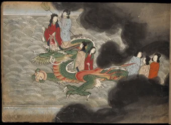 Personnes chevauchant un dragon, illustration de 