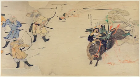Samouraï Takezaki charge les envahisseurs mongols alors que des obus explosent au-dessus pendant les invasions mongoles du Japon en 1274, illustration du magazine Kokka, mai 1921