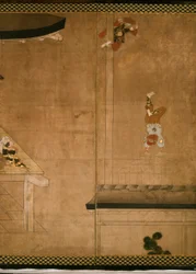 Écran à six volets représentant des acrobates se produisant devant une maison riche