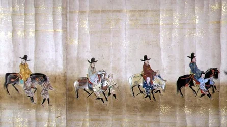Sixième ambassade coréenne au Japon en Meireki 1 lors de la succession de Tokugawa Ietsuna en 1651, peut-être par Kano Masunobu (1625-94) (peinture sur rouleau) (détail)