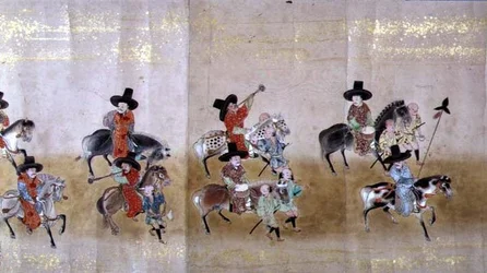 Sixième ambassade coréenne au Japon en Meireki 1 lors de la succession de Tokugawa Ietsuna en 1651, peut-être par Kano Masunobu (1625-94) (peinture sur rouleau) (détail)