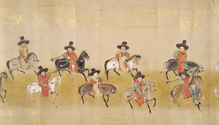 Sixième ambassade coréenne au Japon en Meireki 1 lors de la succession de Tokugawa Ietsuna en 1651, possiblement par Kano Masunobu (1625-94) (peinture sur rouleau) (détail)