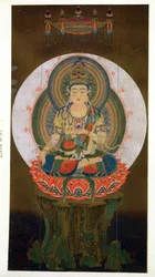 Le Bodhisattva Akashagarba tenant le joyau Cintamani (qui exauce les souhaits) dans la main gauche et assis sur un lotus, illustration d