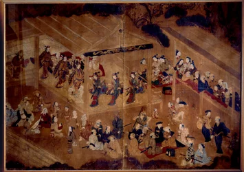 Théâtre Kabuki : acteurs sur scène ; estampe japonaise du 18e siècle Paris, musée Guimet, Musée national des arts asiatiques