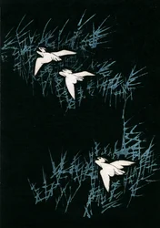 Trois grues dans un paysage noir