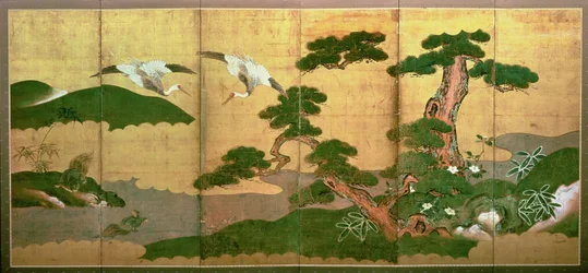 Deux grues plongeant derrière des pins et des rochers, période Edo