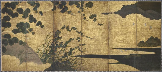 Vignes, cabane, herbes et oiseaux de rivage, période Momoyama, 1568-1615