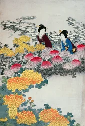 Femmes dans un jardin fleuri (impression sur bois en couleur)
