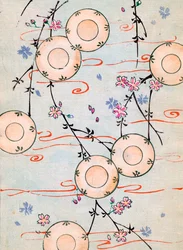Gravure sur bois en couleur de lanternes dans un cerisier en fleurs