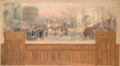 Réception par la municipalité de Paris, à la barrière de la Villette, des troupes revenant de Pologne, après la campagne de 1806-1807, entre 1901 et 1902