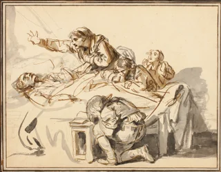 Femmes et enfants pleurant un homme mort