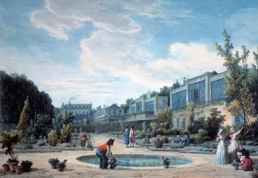Vue du Jardin du Roi (actuel Jardin des Plantes). Lithographie de Jean Baptiste Hilaire (1753-1822) 1794 Paris, B.N.