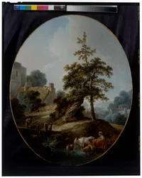 Paysage avec un jeune garçon et une bergère avec des vaches et des moutons