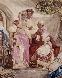 Le banquet en plein air, rideau de jeux russes, détail de la tente et des personnages