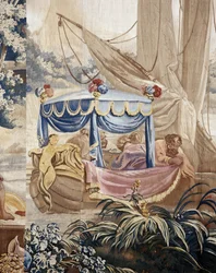Le banquet en plein air, rideau de jeux russes, détail de la tente et des personnages