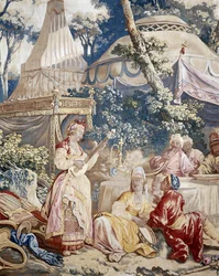 Le banquet en plein air, rideau de jeux russes, détail de la tente et des personnages