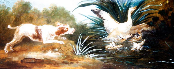 Paysage avec un chien chassant des canards
