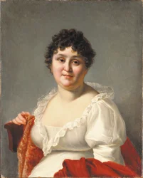 Portrait de Madame Regnault, buste, en robe blanche et châle kaki