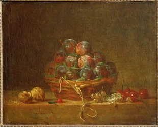 Un panier avec des prunes, des noix, des groseilles et des cerises (peinture sur toile)