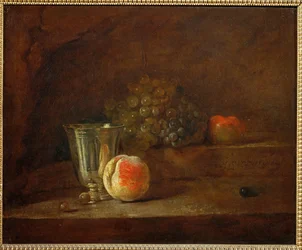 Une coupe en argent, des raisins, une pomme (peinture sur toile)