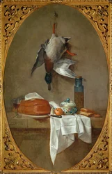 Canard moDuck suspendu par une patte, une tarte, un bol et une marmite avec des olives (peinture sur toile)