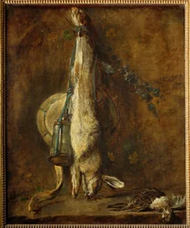 Lièvre mort, gibecière et poudrier (peinture sur toile)