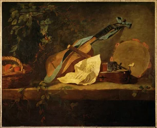 Instruments de musique et corbeille de fruits (painting on canvas)