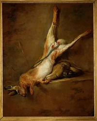 Lievre mort avec poire a poudre et gibecier ...