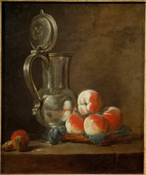 Pot en étain avec assiette de pêches, pruneaux et noix (peinture sur toile)