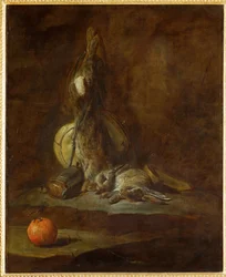 Deux lièvres morts avec gibecière, poudrier et orange (peinture sur toile)