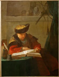 Un chimiste dans son laboratoire, dit aussi un philosophe occupee de sa lecture - a chemist in his laboratory …