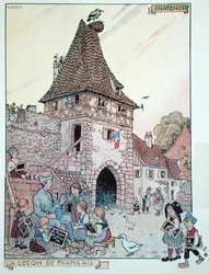 Un soldat français enseignant le français à des enfants alsaciens devenus à nouveau citoyens français, illustration de 
