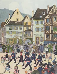 Herr Forstner quittant Saverne avec ses soldats après avoir acheté du chocolat en 1913, illustration de 