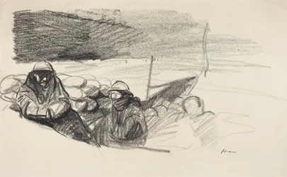 a) Deux soldats dans une tranchée (recto) ; b) Intérieur avec figures assises derrière une table (verso)