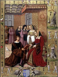 Jean Marot offrant son livre, «Le Voyage de Gênes», à la reine Anne de Bretagne. D